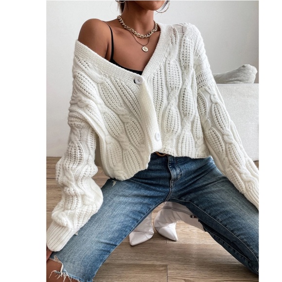 White Cable Knit Button Front Cardigan - Picture 3 of 7